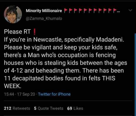 children beheaded, Madadeni, Newcastillian
