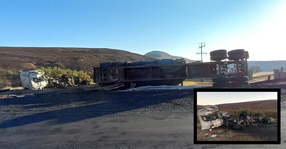Truck flips and burns out on Memel Road heading for Newcastle