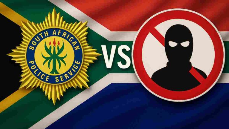 South African Police Service (SAPS) badge on the left and a street-sign style logo with a masked criminal silhouette on the right, separated by bold “VS,” set against the South African flag.