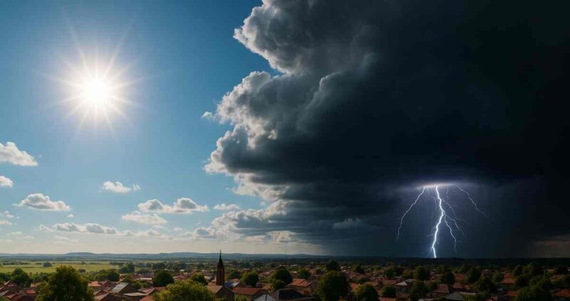 Thunderstorm clouds forming over a small South African townscape, hinting at mixed weather conditions in Newcastle, Ladysmith and Vryheid this weekend