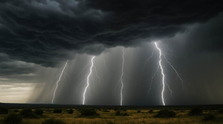 Thunderstorm warning: Image of a thunderstorm rolling over the land, with four lightening bolts coming from the clouds