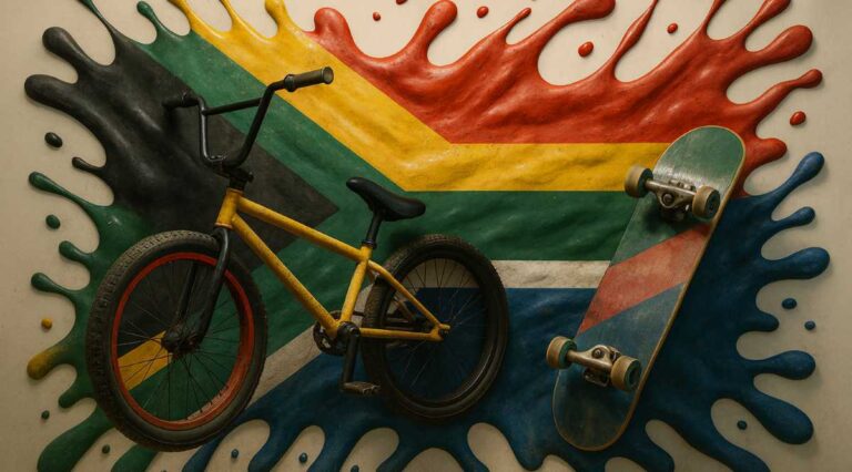 Rising Action Sports Stars in South Africa: Image of a bmx and skateboard infront of a south african flag