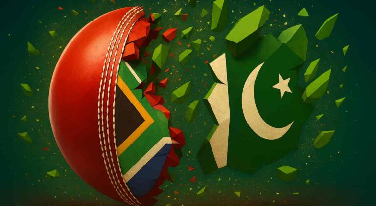 Pakistan vs South Africa: Cricket ball shattering with the SA and Pakistan flags in it.