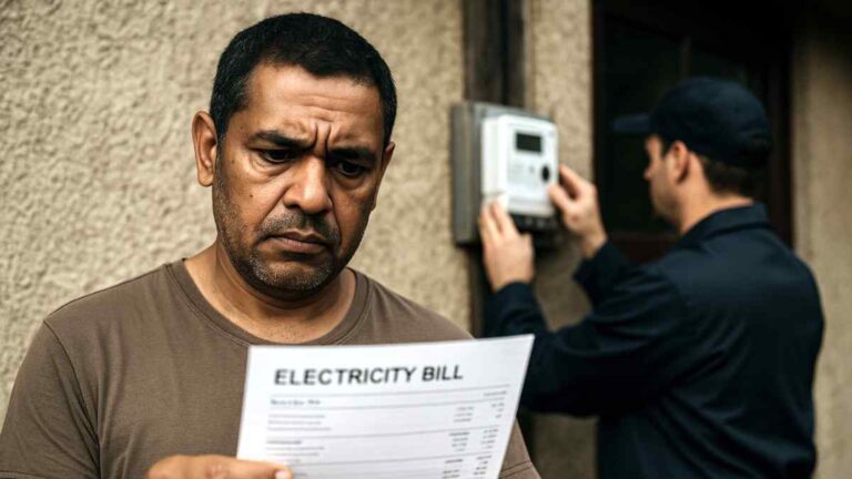 Eskom smart meters Newcastle: Image of person holding electricity bill while another person installs a smart meter