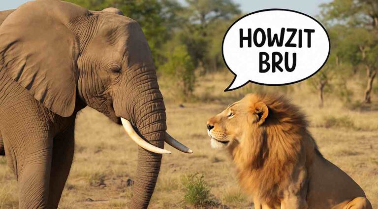 english to african: Image of an elephant and a lion, whereby the lion is saying, "Howzit Bru"
