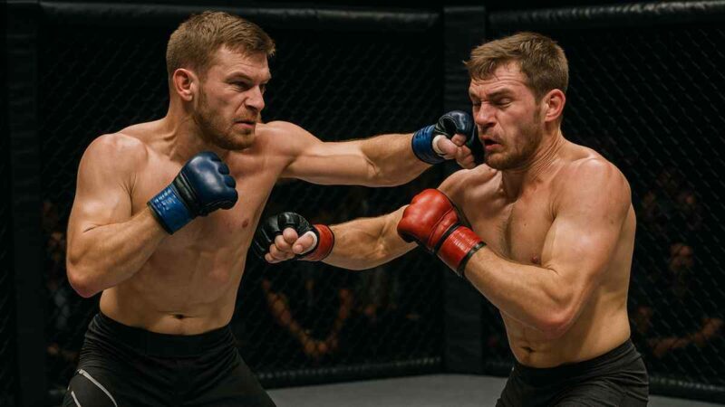 Moer ’n Boer: Two guys fighting in a cage, doing MMA