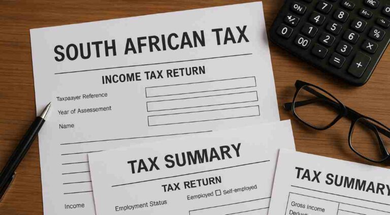 South African Revenue Service: Image of tax papers laying on a desk